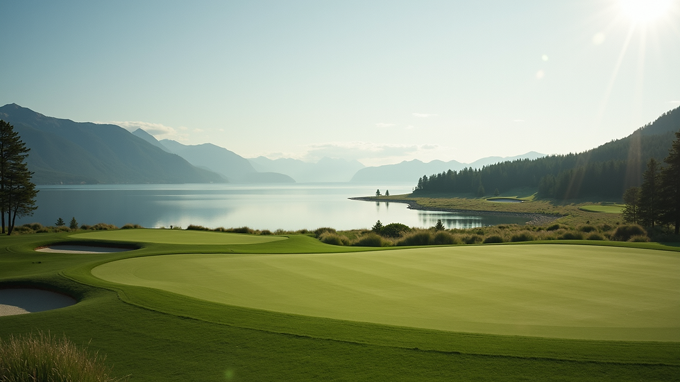 Bredt bilde av golfbane med utsikt over vann og fairway