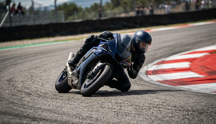 Eye-level view of a MotoGP rider leaning through a fast corner