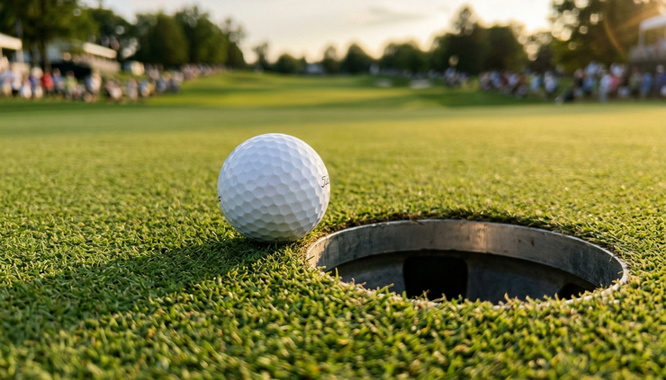 Close-up view of a golf ball resting near the edge of a cup on a fast green
