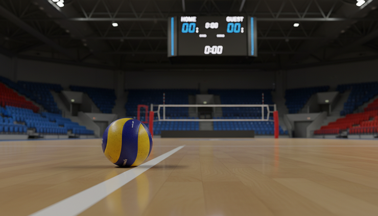 Øyehøydebilde av en volleyball som ligger ved sidelinjen ved en resultattavle