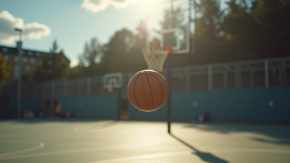 NÊrbilde av basketballbane med fokus pÄ ballen i luften