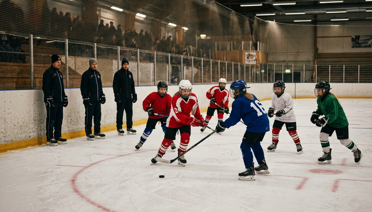 Eye-level view of young ice hockey players practicing passing drills on a Norwegian rink