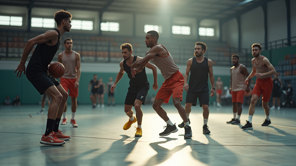 Oversiktsbilde av basketballbane med spillere i aksjon under trening