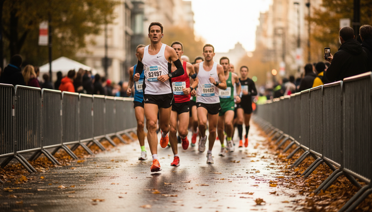Lav kameravinkel av maratonløpere som passerer en bygate med sperrebånd