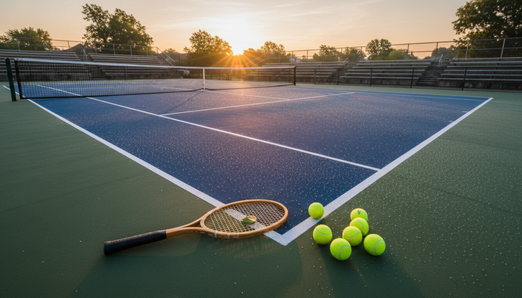 Wide-angle view of an outdoor tennis court at sunrise with rackets and balls near the baseline