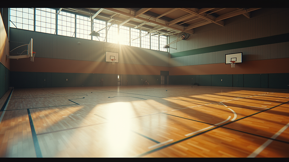 Oversiktsbilde av Gardermoen idrettshall med basketballbane