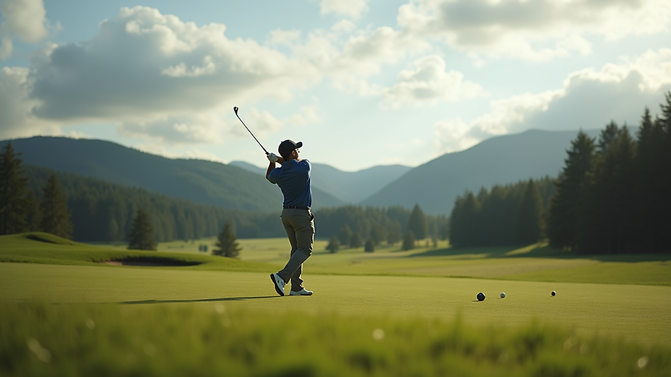 Oversiktsbilde av en golfbane med spillere i aksjon under en internasjonal turnering