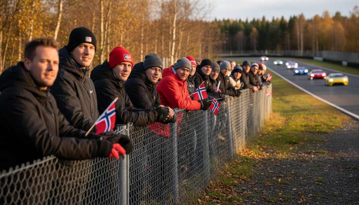 Eye-level view of motorsport fans watching cars at a Norwegian track