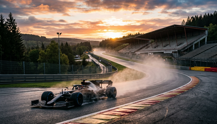 Wide-angle view of a Formula 1 car exiting a corner on a damp race track.