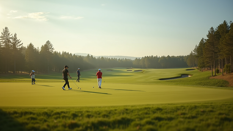Oversiktsbilde av golfbane med flere spillere på fairway