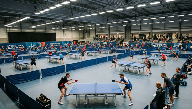 Oversiktsbilde av en bordtennishall med aktive bord og spillere i oppvarming
