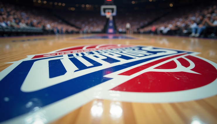 Nærbilde av basketballbane med fokus på Los Angeles Clippers-logo