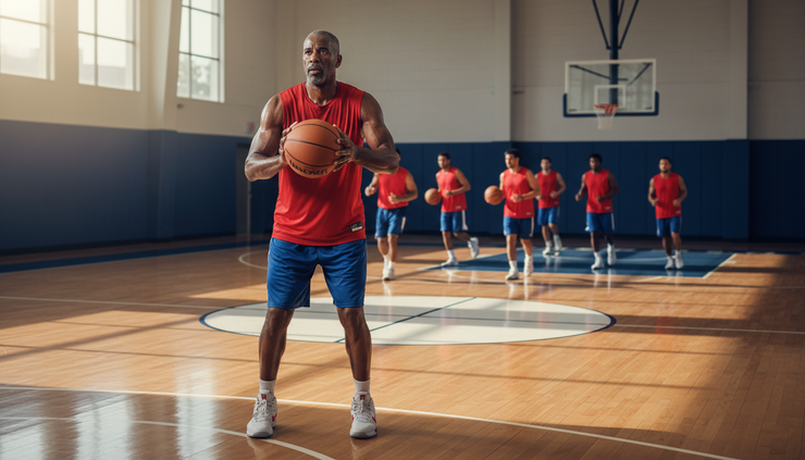 Eye-level view of a veteran basketball forward practicing passes in a red and blue uniform