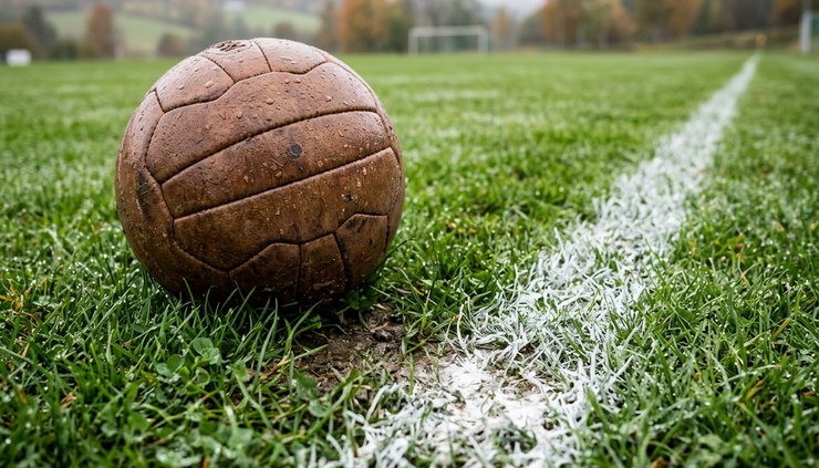 Close-up view of a football on wet grass beside a white touchline.