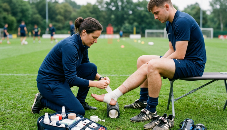 Close-up of a football physio taping a player's ankle beside a pitch before training.
