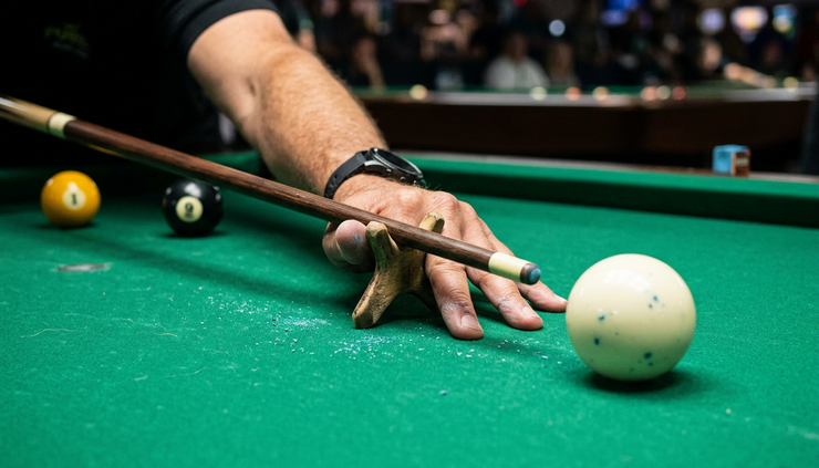 Close-up view of a player lining up a cue shot on a green pool table.