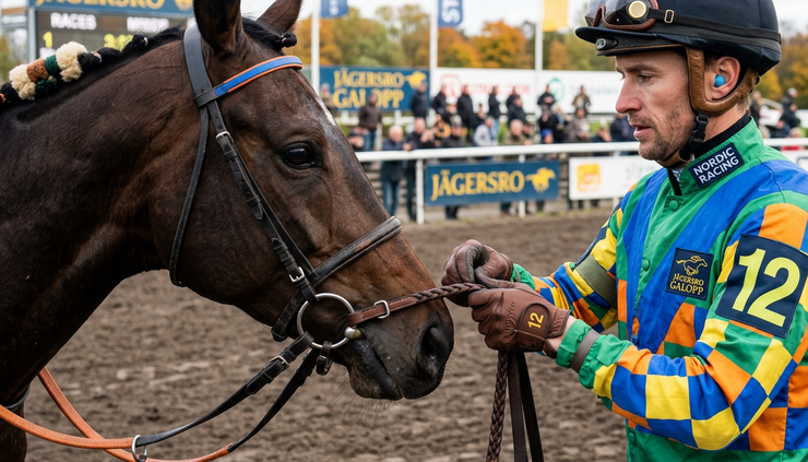 Close-up view of a jockey adjusting reins before a race at Jägersro Galopp.