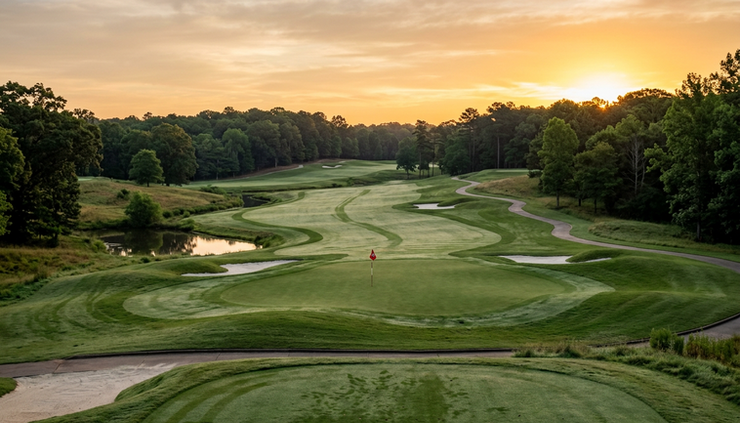 Vidvinkelbilde av en golfbane i tidlig morgensol med flagg på greenen