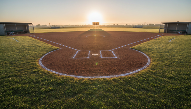 Wide-angle view of a softball field at sunrise before an important match