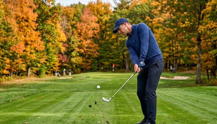 Øyehøydevisning av en golfspiller som slår et jernslag fra fairway