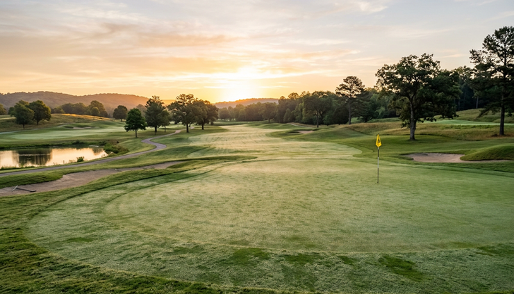 Wide-angle view of a quiet golf course at sunrise with dew on the fairway