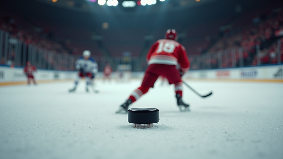 Nærbilde av ishockeykamp med puck i fokus på isen