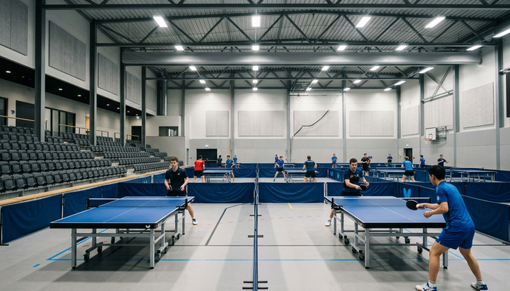 Wide-angle view of an indoor table tennis arena before the first morning matches