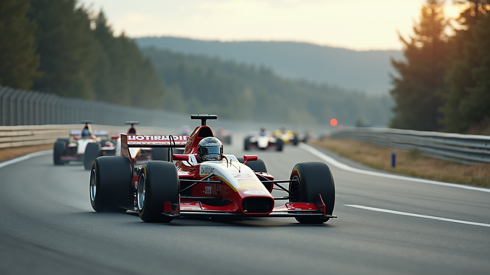 Oversiktsbilde av racingbanen med flere motorsykler i sving