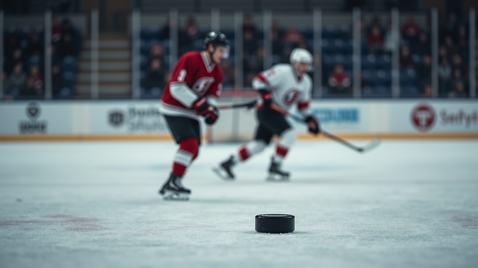 Nærbilde av hockeykølle og puck på isen