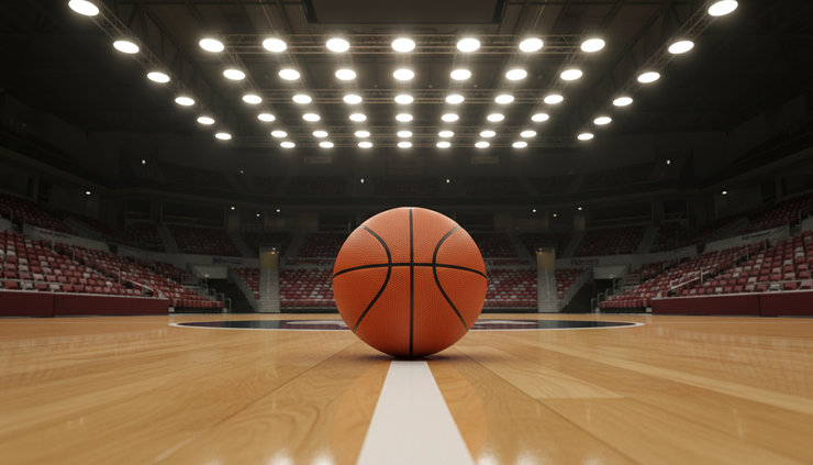 Lav vinkel av en basketball som ligger ved midtstreken på en opplyst bane
