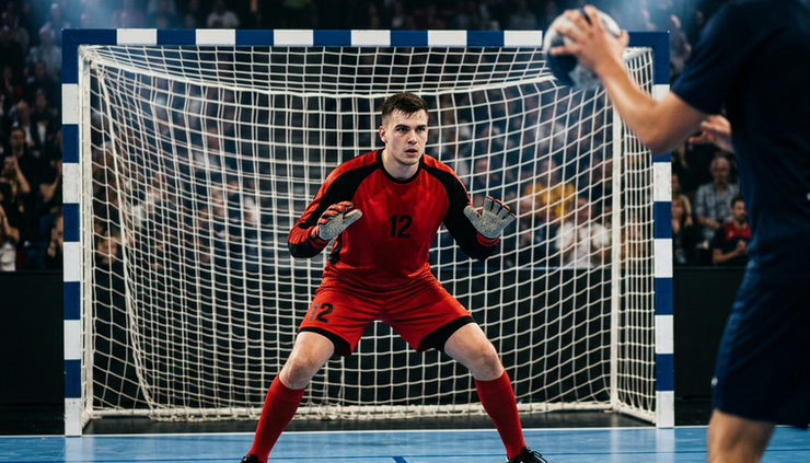 Close-up of a handball goalkeeper preparing for a seven-meter throw