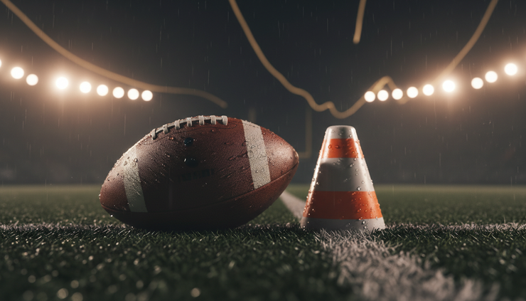 Close-up of an American football resting on wet turf near the sideline after a night game
