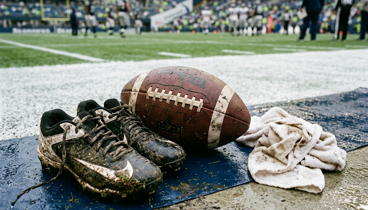 Close-up of a brown American football on a wet sideline near cleats.