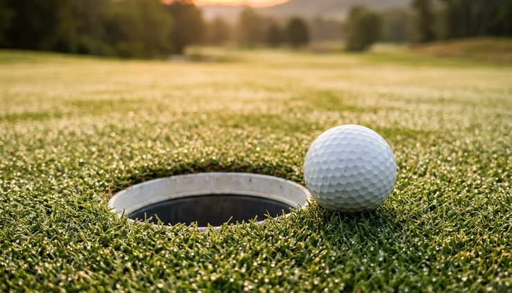 Close-up view of a golf ball resting near the cup on a morning green