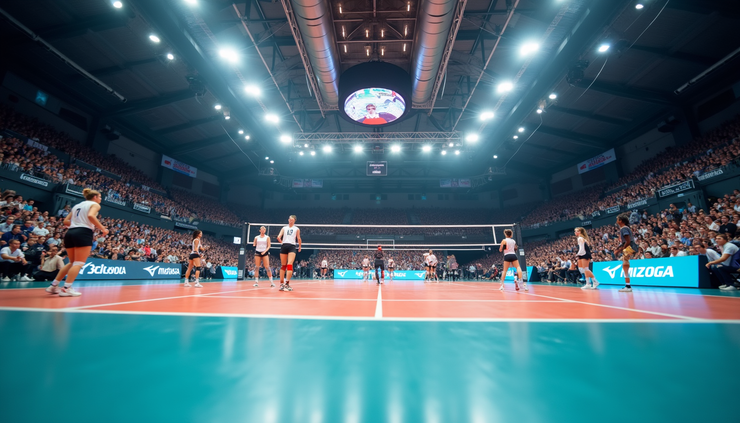 Oversikt over Mizunoligaen-kamp i norsk volleyballhall med publikum og spillere i aksjon