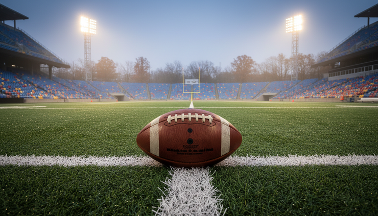 Vidvinkelbilde av en amerikansk fotball på en opplyst bane tidlig om morgenen