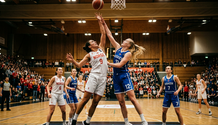 Eye-level view of two basketball players fighting for a rebound under the hoop