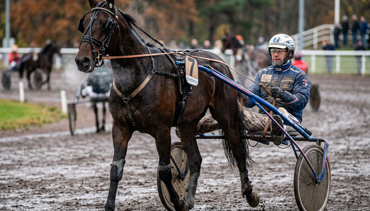 Close-up of a trotting horse with sulky and driver during warm-up before a race