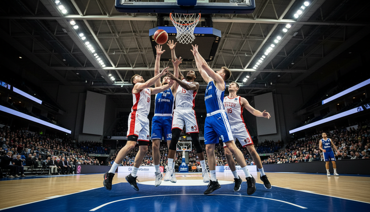 Low-angle view of basketball players battling for a rebound