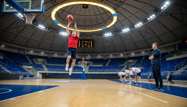 Eye-level view of a young basketball player shooting during warmups