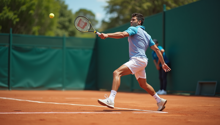Oversiktsbilde av Carlos Alcaraz i aksjon på tennisbanen