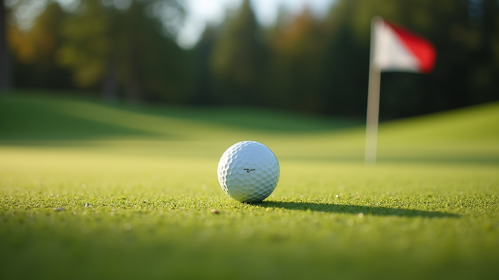 Nærbilde av golfball på green med flagg i bakgrunnen