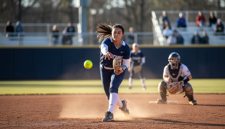 Close-up view of a softball pitcher releasing the ball during a morning game