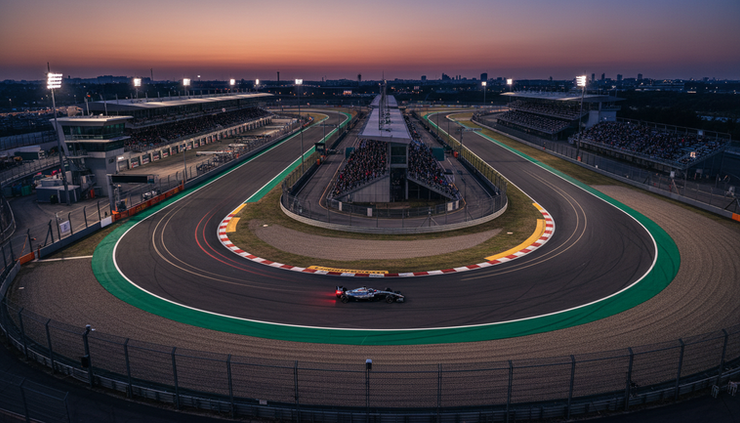 High-angle view of a Formula-style racing circuit at dusk