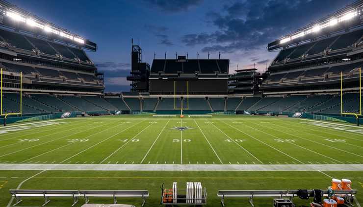 Wide-angle view of an American football stadium before kickoff