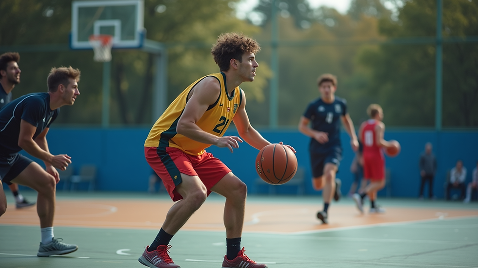 Spiller i midtbanen med ball under europeisk basketballkamp