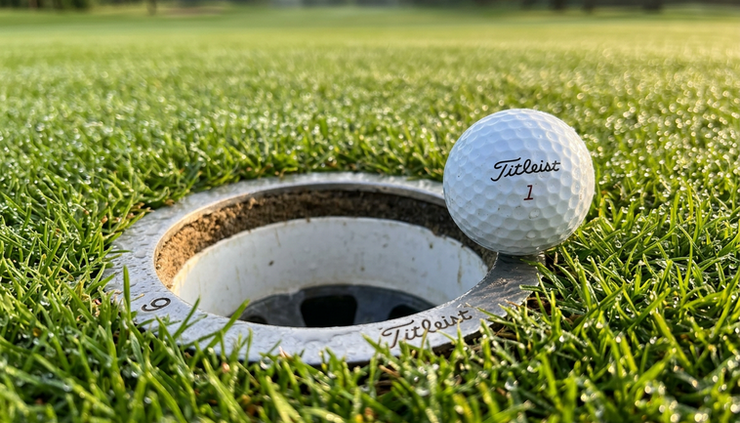 Nærbilde av en golfball ved hullkanten på en fuktig green