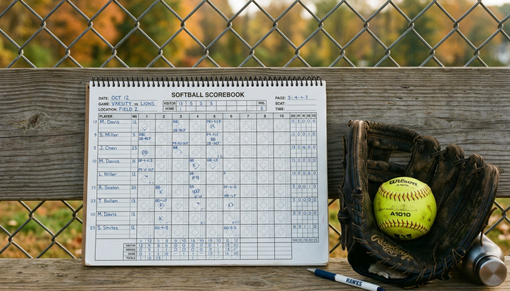 Overhead view of a softball scorebook with a glove and yellow ball beside the dugout fence