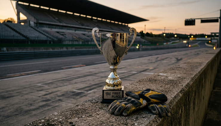 Øyehøydebilde av en pokal ved siden av racinghansker på en pitvegg
