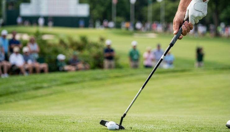 Nærbilde av en golfspiller som putter på en rask green